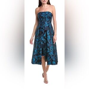 Aidan Mattox Teal and Black Leaf Midi Dress